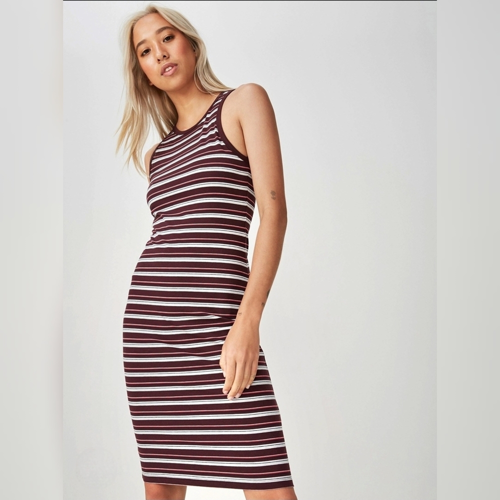 Cotton on Maroon White Striped Bodycon Midi dress - size S